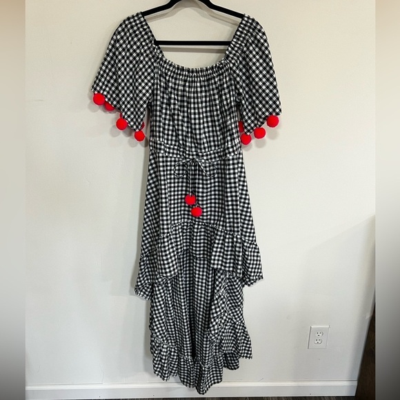 Sundress Alena Gingham Pom Pom Off Shoulder High Low Dress - Picture 5 of 14